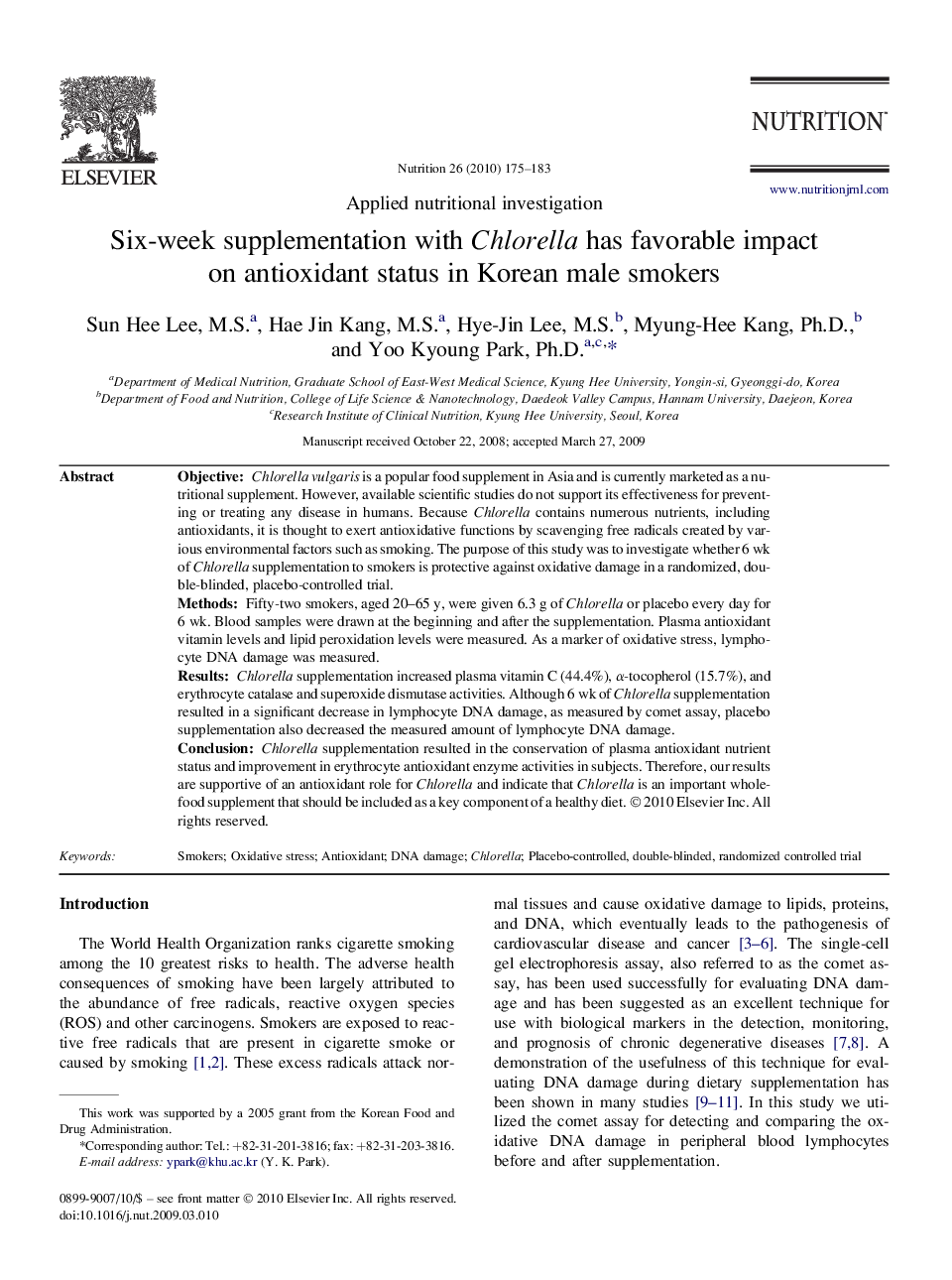 Six-week supplementation with Chlorella has favorable impact on antioxidant status in Korean male smokers 