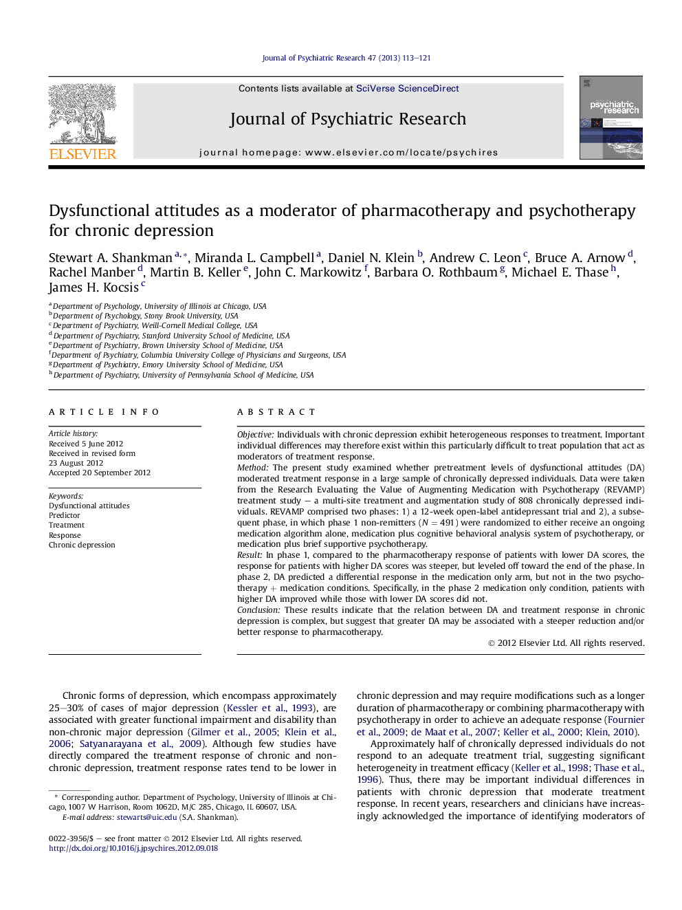 Dysfunctional attitudes as a moderator of pharmacotherapy and psychotherapy for chronic depression