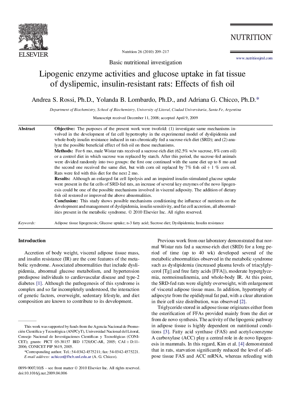 Lipogenic enzyme activities and glucose uptake in fat tissue of dyslipemic, insulin-resistant rats: Effects of fish oil 