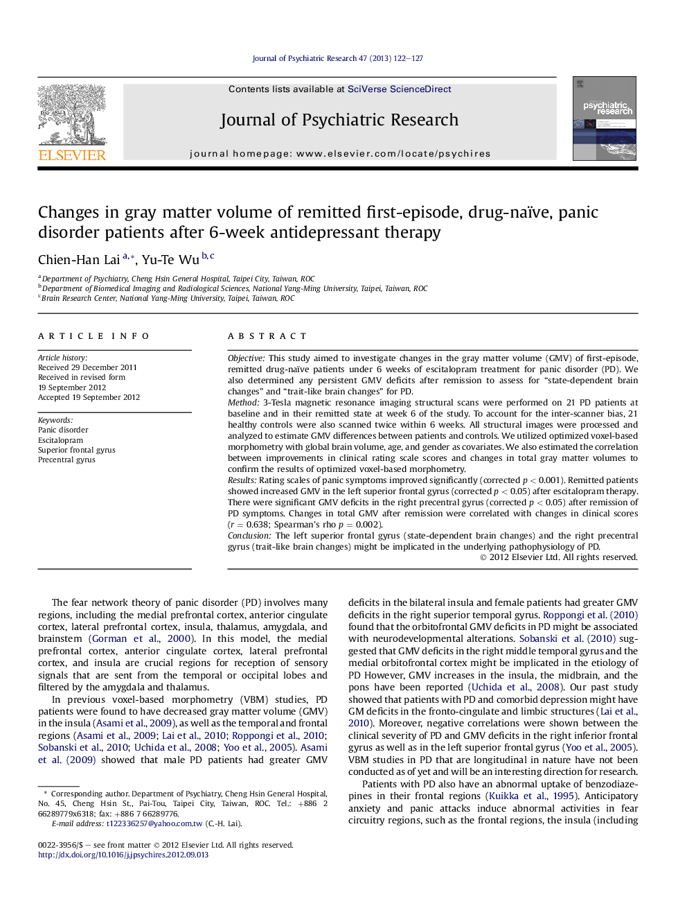 Changes in gray matter volume of remitted first-episode, drug-naïve, panic disorder patients after 6-week antidepressant therapy