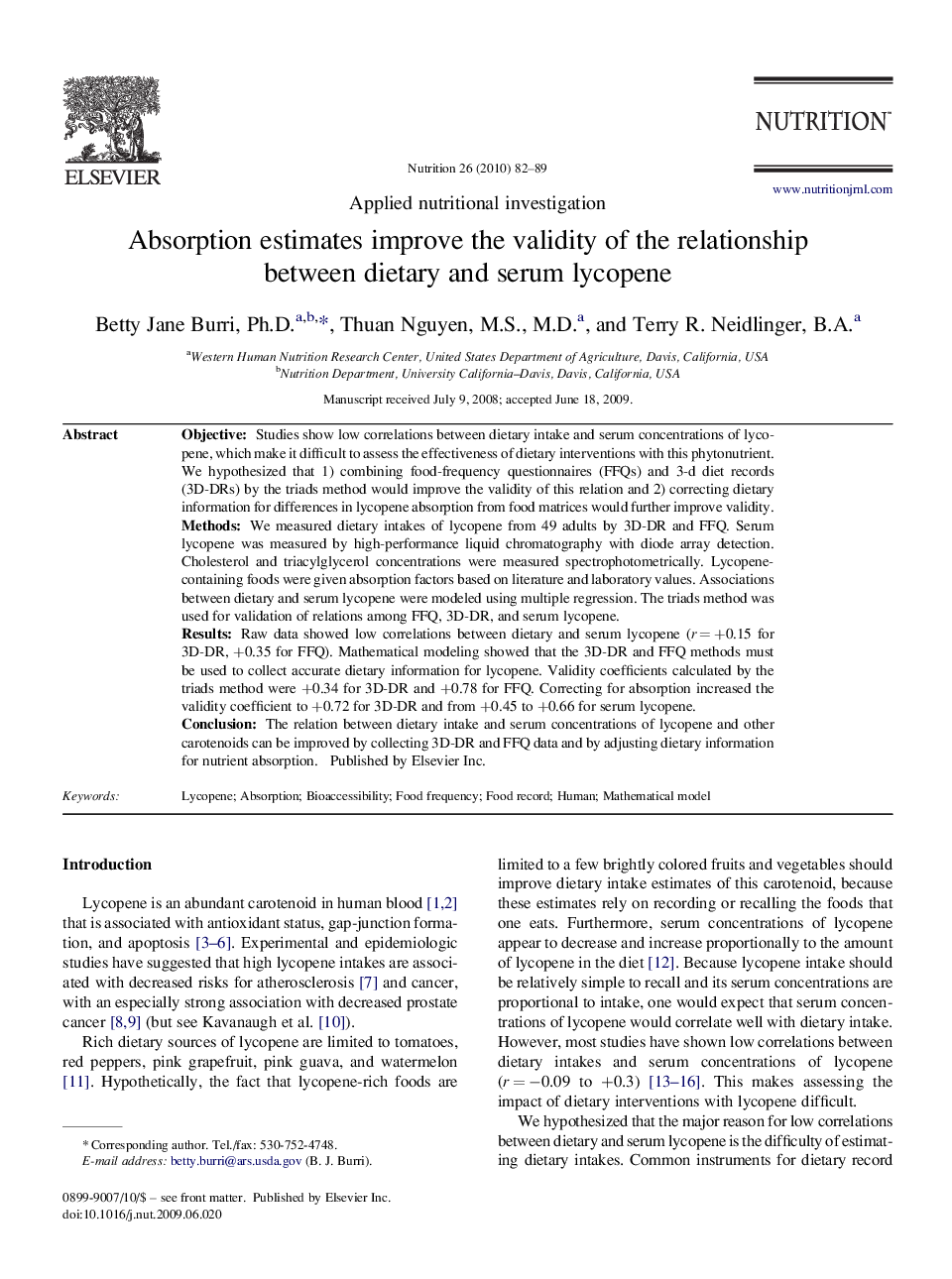 Absorption estimates improve the validity of the relationship between dietary and serum lycopene