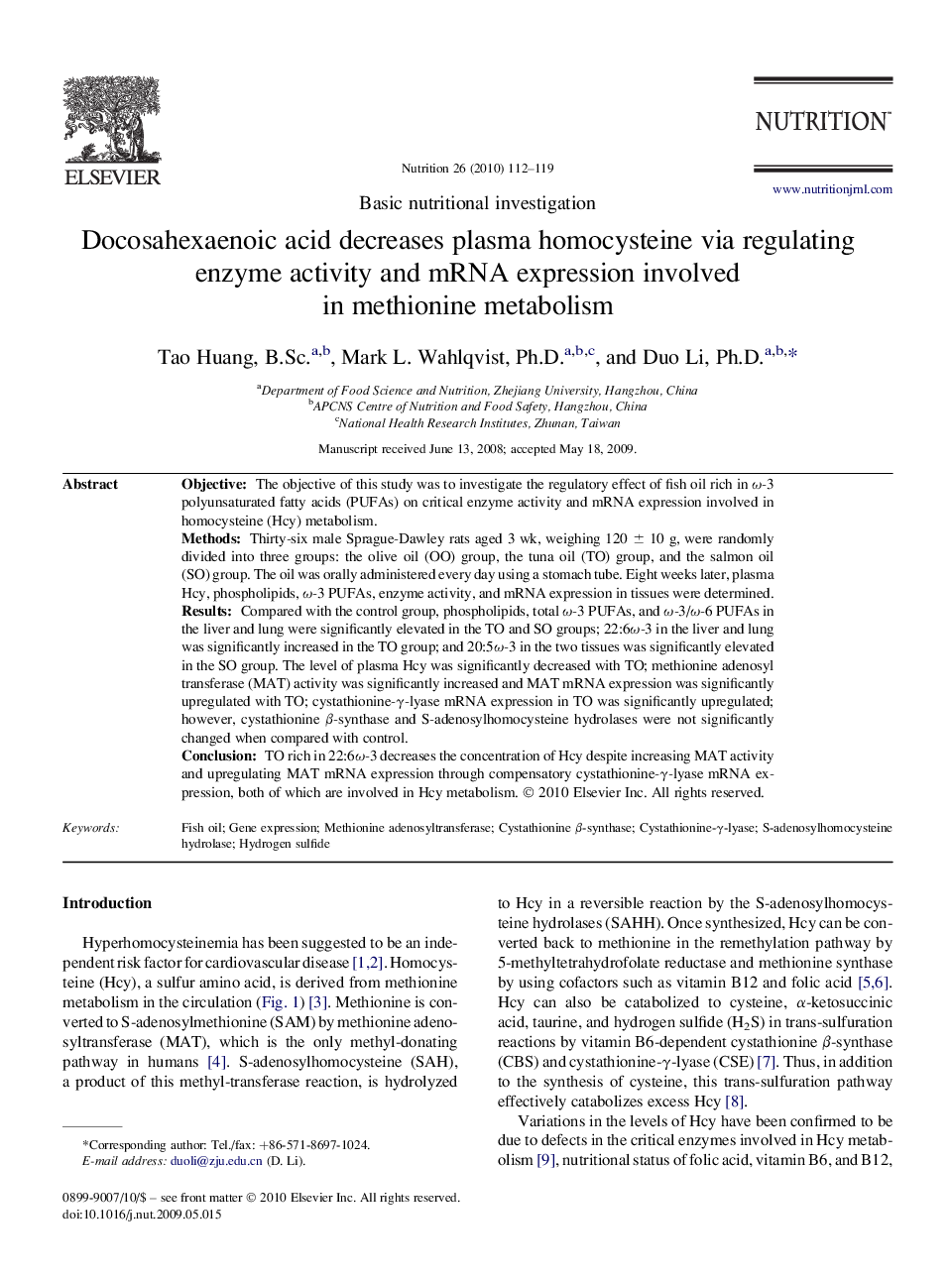 Docosahexaenoic acid decreases plasma homocysteine via regulating enzyme activity and mRNA expression involved in methionine metabolism