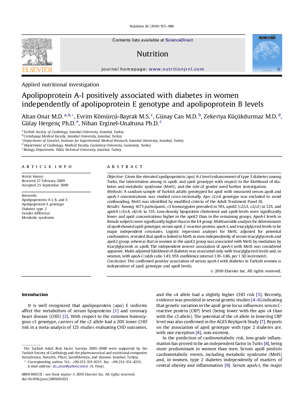 Apolipoprotein A-I positively associated with diabetes in women independently of apolipoprotein E genotype and apolipoprotein B levels 