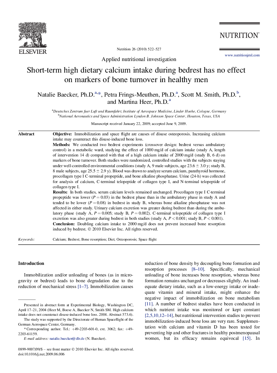 Short-term high dietary calcium intake during bedrest has no effect on markers of bone turnover in healthy men 