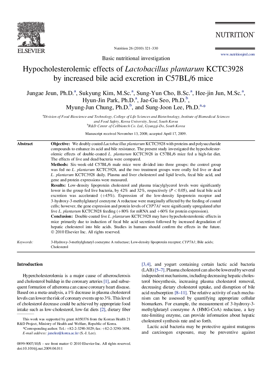 Hypocholesterolemic effects of Lactobacillus plantarum KCTC3928 by increased bile acid excretion in C57BL/6 mice 