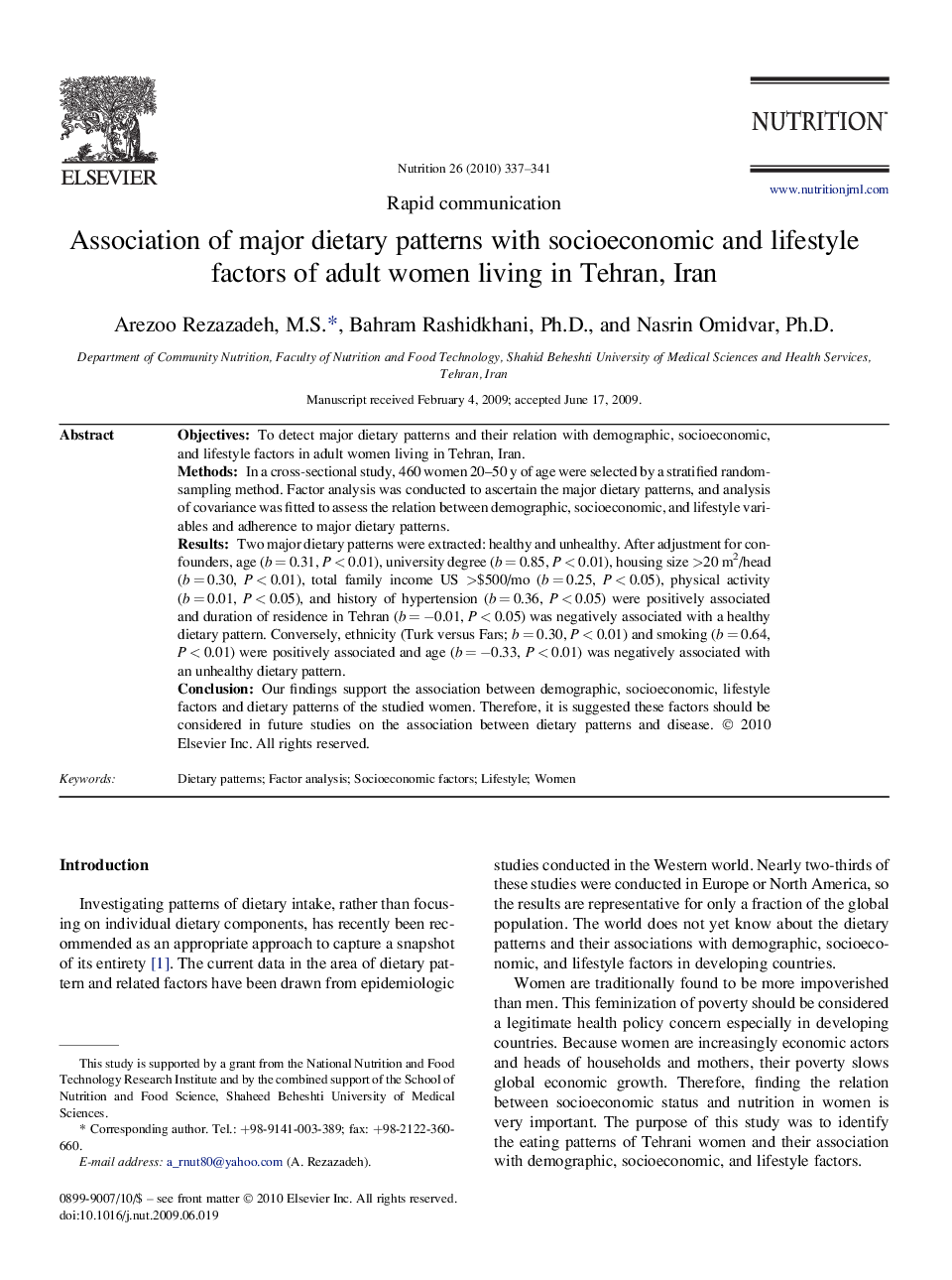 Association of major dietary patterns with socioeconomic and lifestyle factors of adult women living in Tehran, Iran 