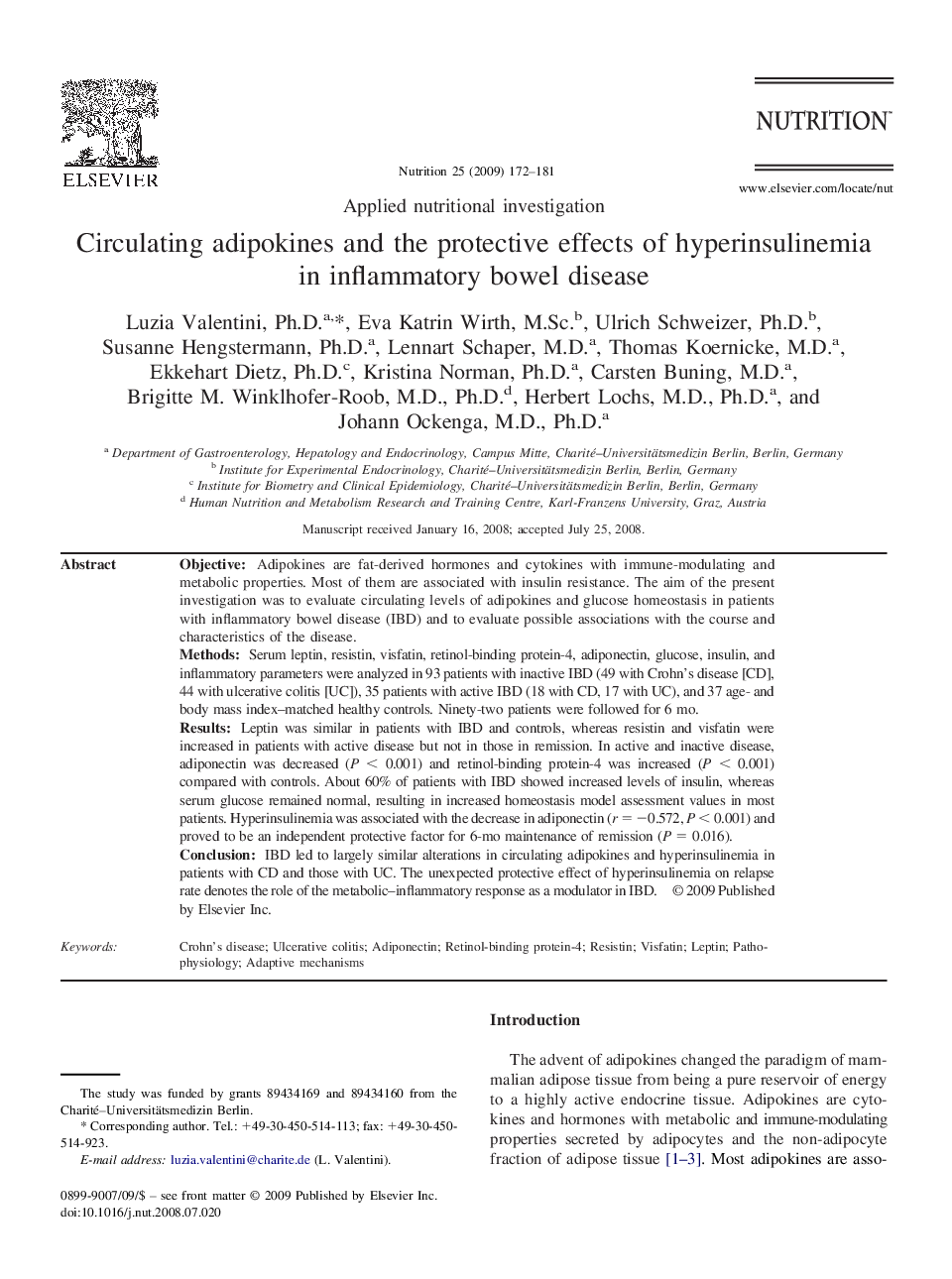 Circulating adipokines and the protective effects of hyperinsulinemia in inflammatory bowel disease