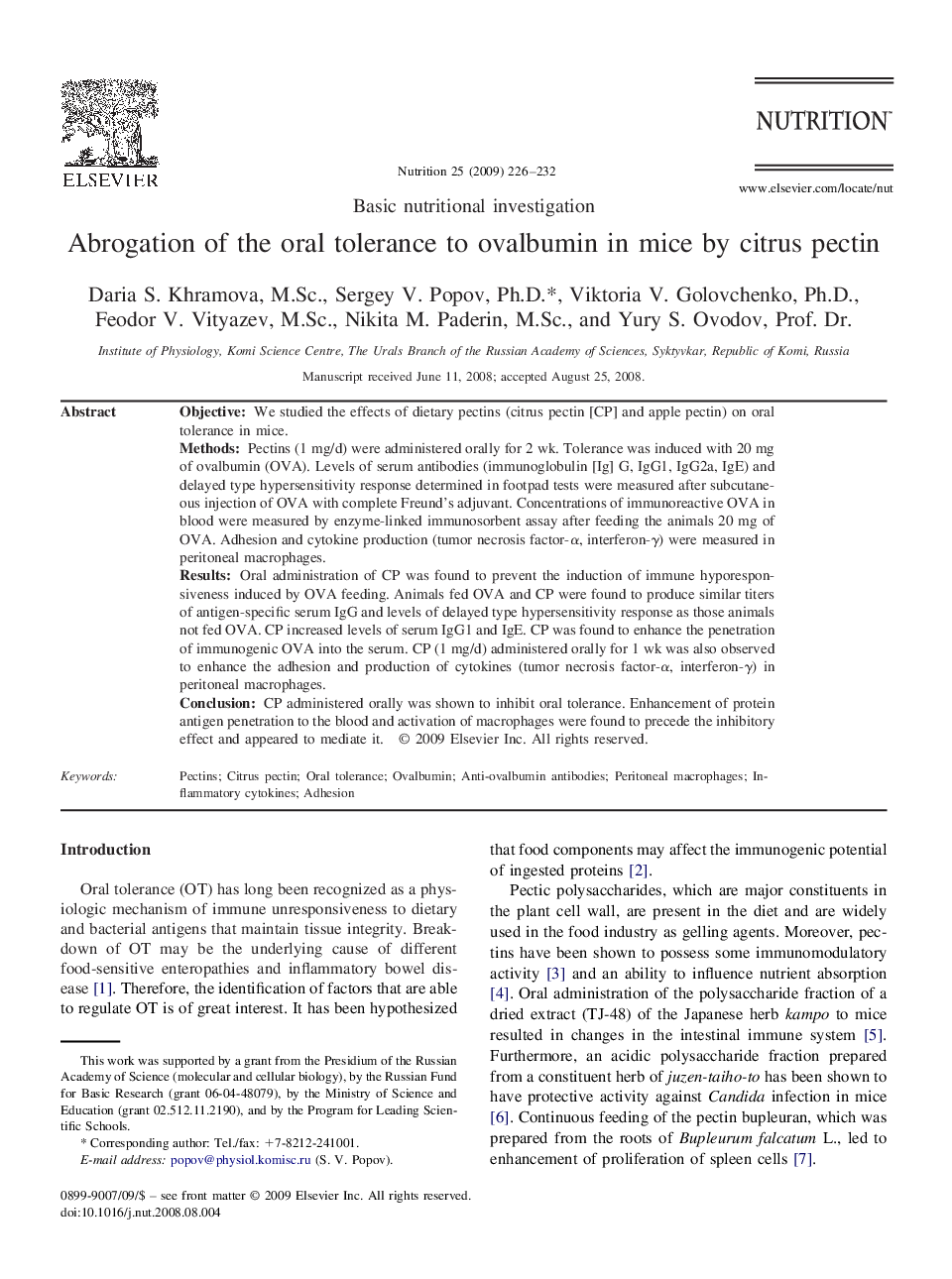 Abrogation of the oral tolerance to ovalbumin in mice by citrus pectin 