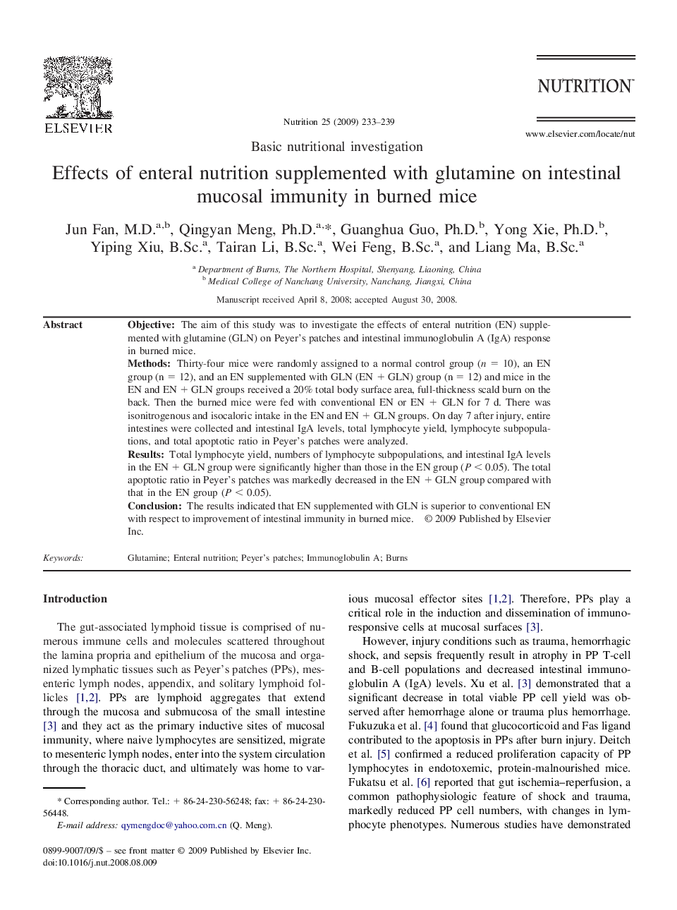 Effects of enteral nutrition supplemented with glutamine on intestinal mucosal immunity in burned mice