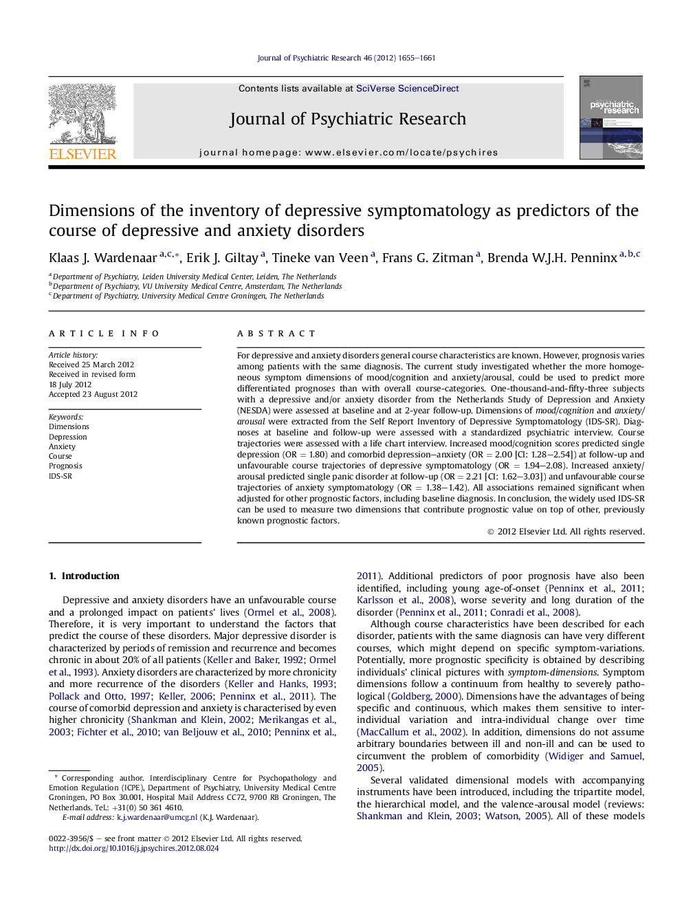 Dimensions of the inventory of depressive symptomatology as predictors of the course of depressive and anxiety disorders