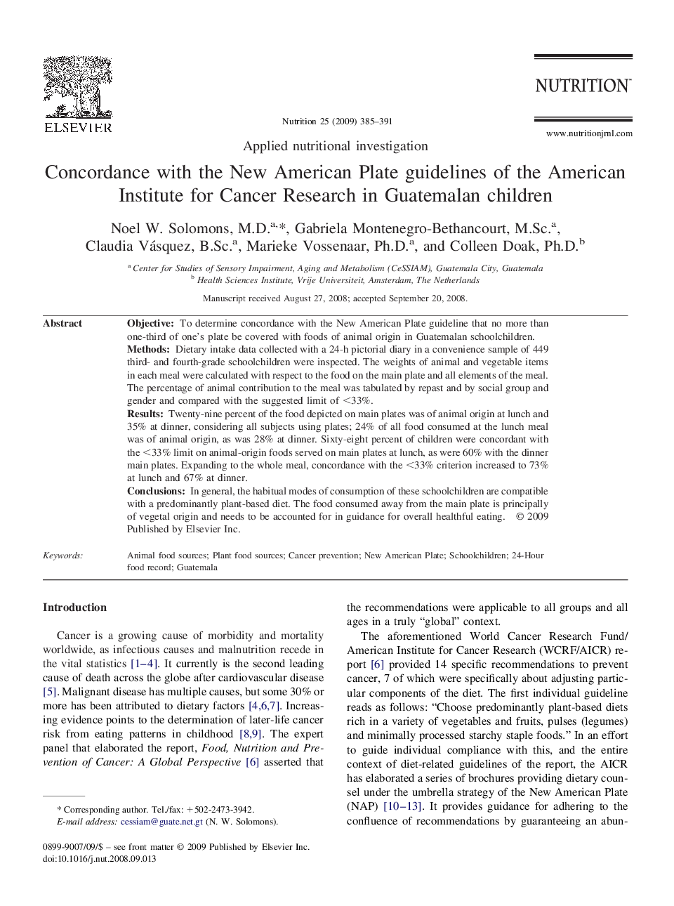 عکس صفحه اول مقاله: Concordance with the New American Plate guidelines of the American Institute for Cancer Research in Guatemalan children Concordance with the New American Plate guidelines of the American Institute for Cancer Research in Guatemalan children