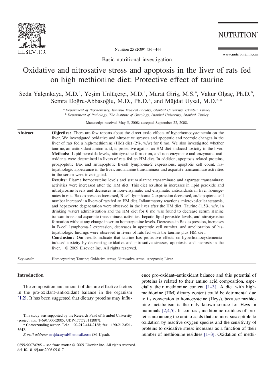 Oxidative and nitrosative stress and apoptosis in the liver of rats fed on high methionine diet: Protective effect of taurine 