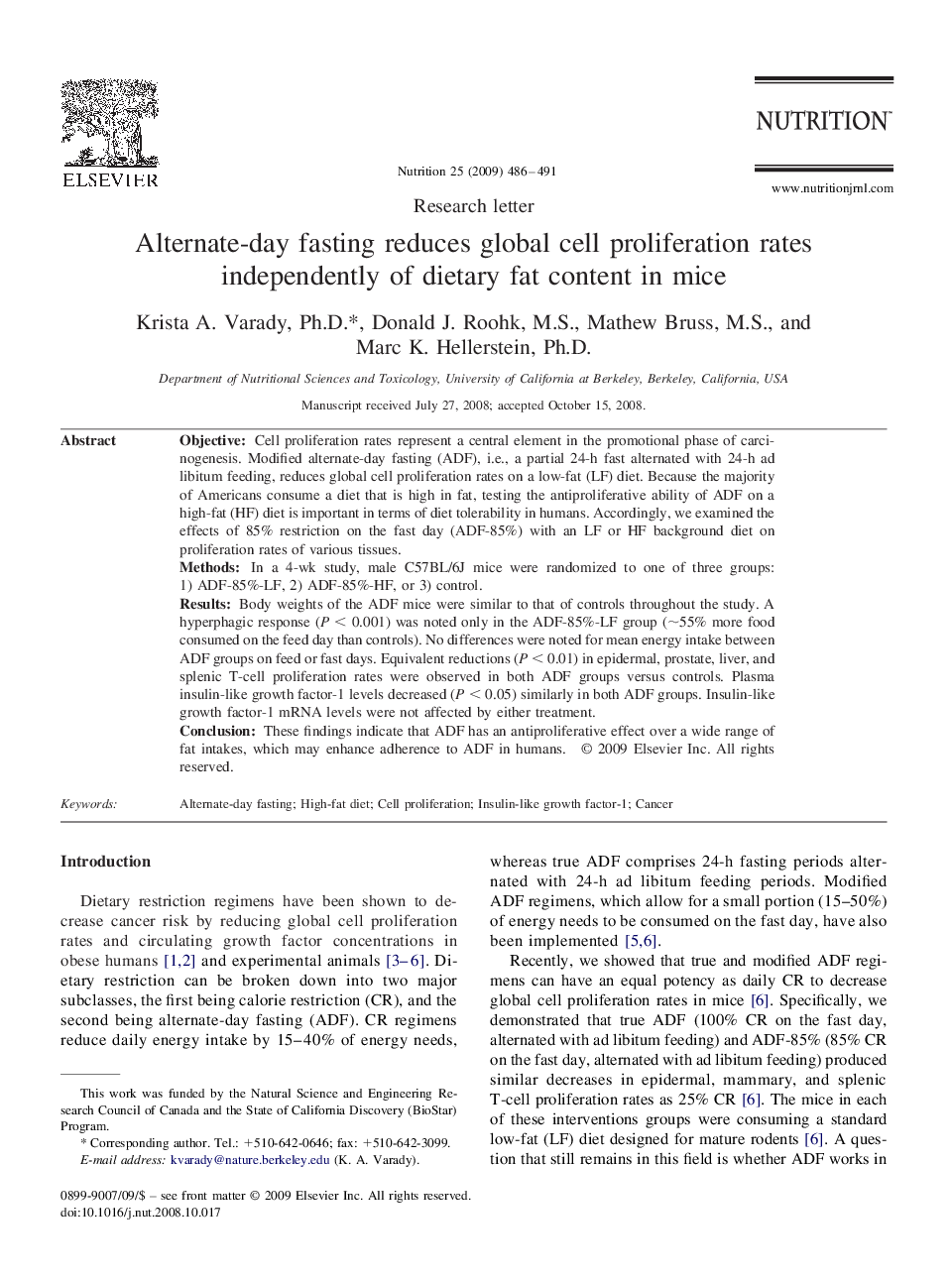 Alternate-day fasting reduces global cell proliferation rates independently of dietary fat content in mice 