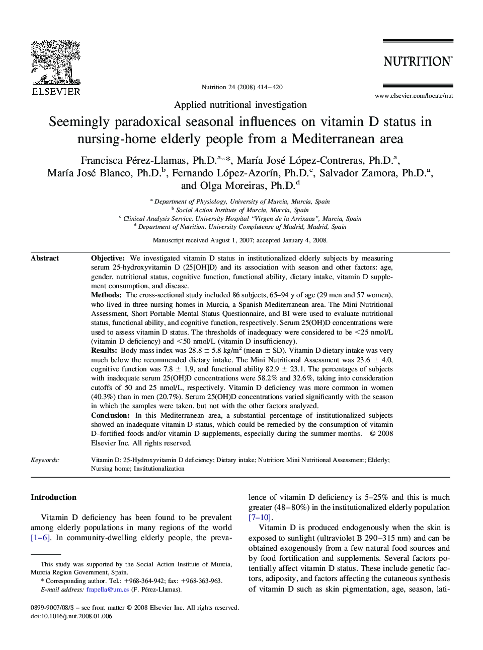 Seemingly paradoxical seasonal influences on vitamin D status in nursing-home elderly people from a Mediterranean area 