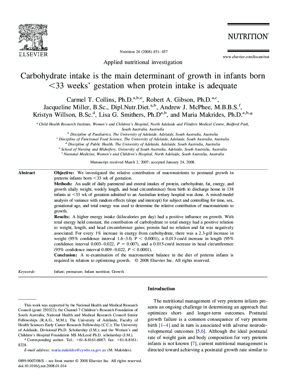 Carbohydrate intake is the main determinant of growth in infants born <33 weeks' gestation when protein intake is adequate 