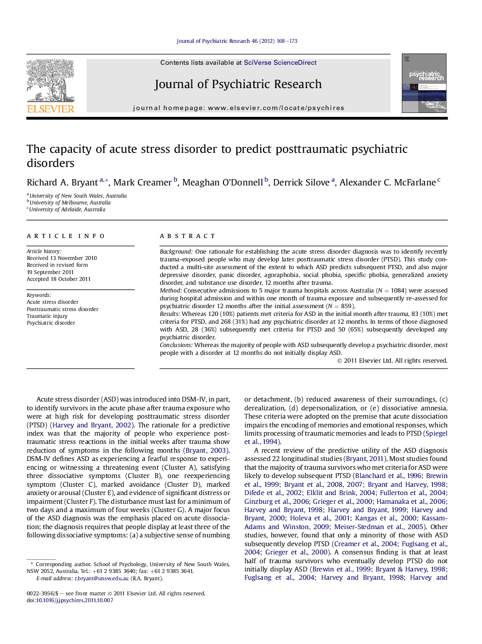 The capacity of acute stress disorder to predict posttraumatic psychiatric disorders