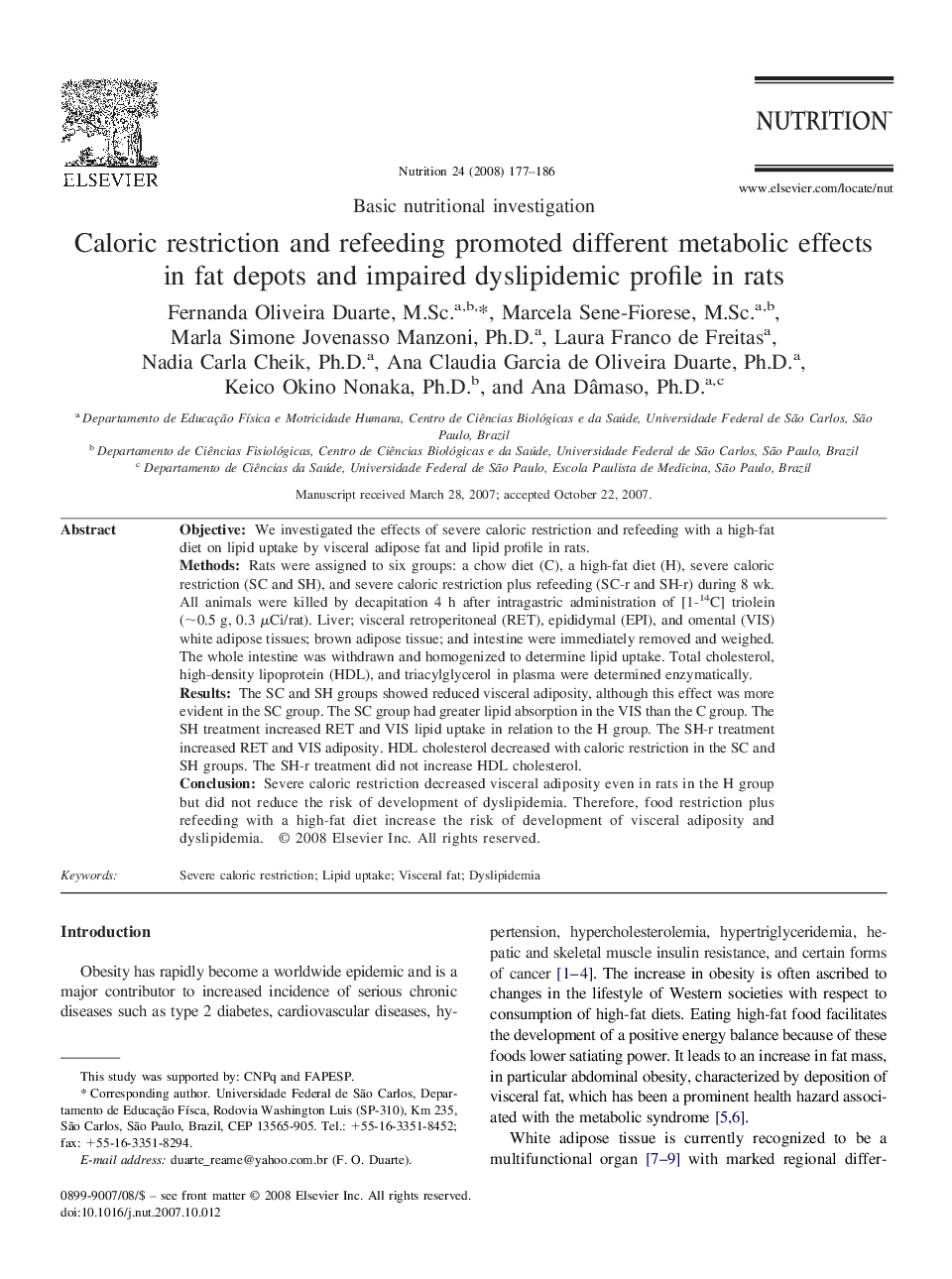 Caloric restriction and refeeding promoted different metabolic effects in fat depots and impaired dyslipidemic profile in rats 