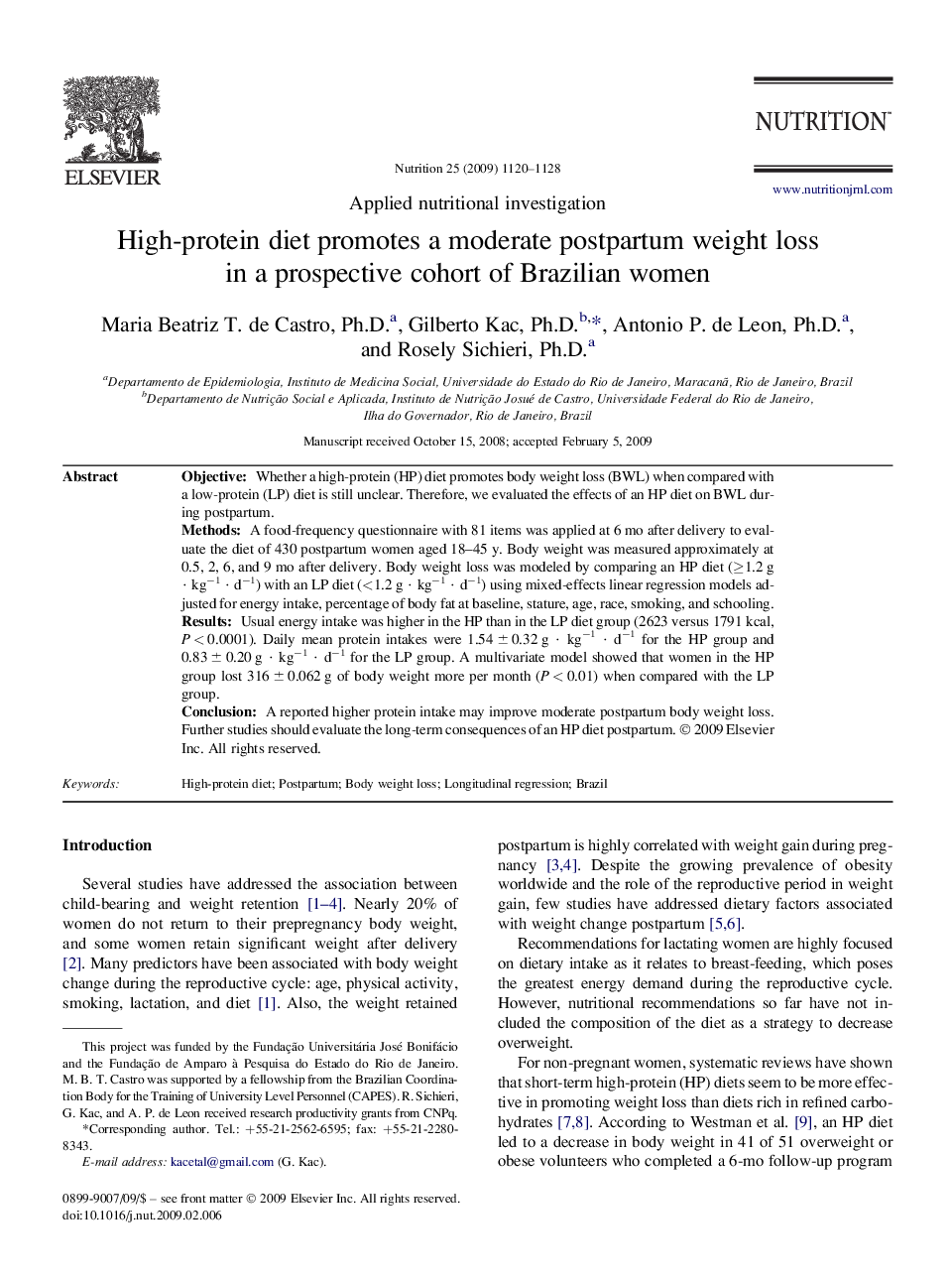 High-protein diet promotes a moderate postpartum weight loss in a prospective cohort of Brazilian women 