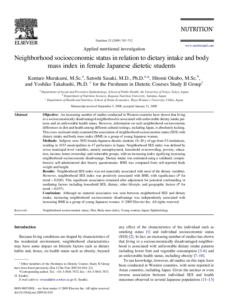 Neighborhood socioeconomic status in relation to dietary intake and body mass index in female Japanese dietetic students