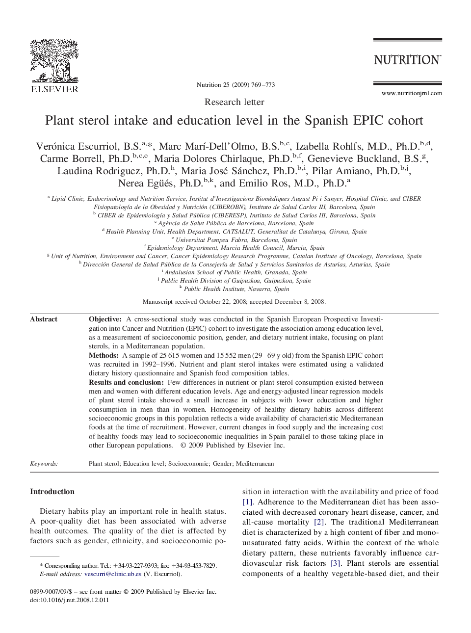 Plant sterol intake and education level in the Spanish EPIC cohort