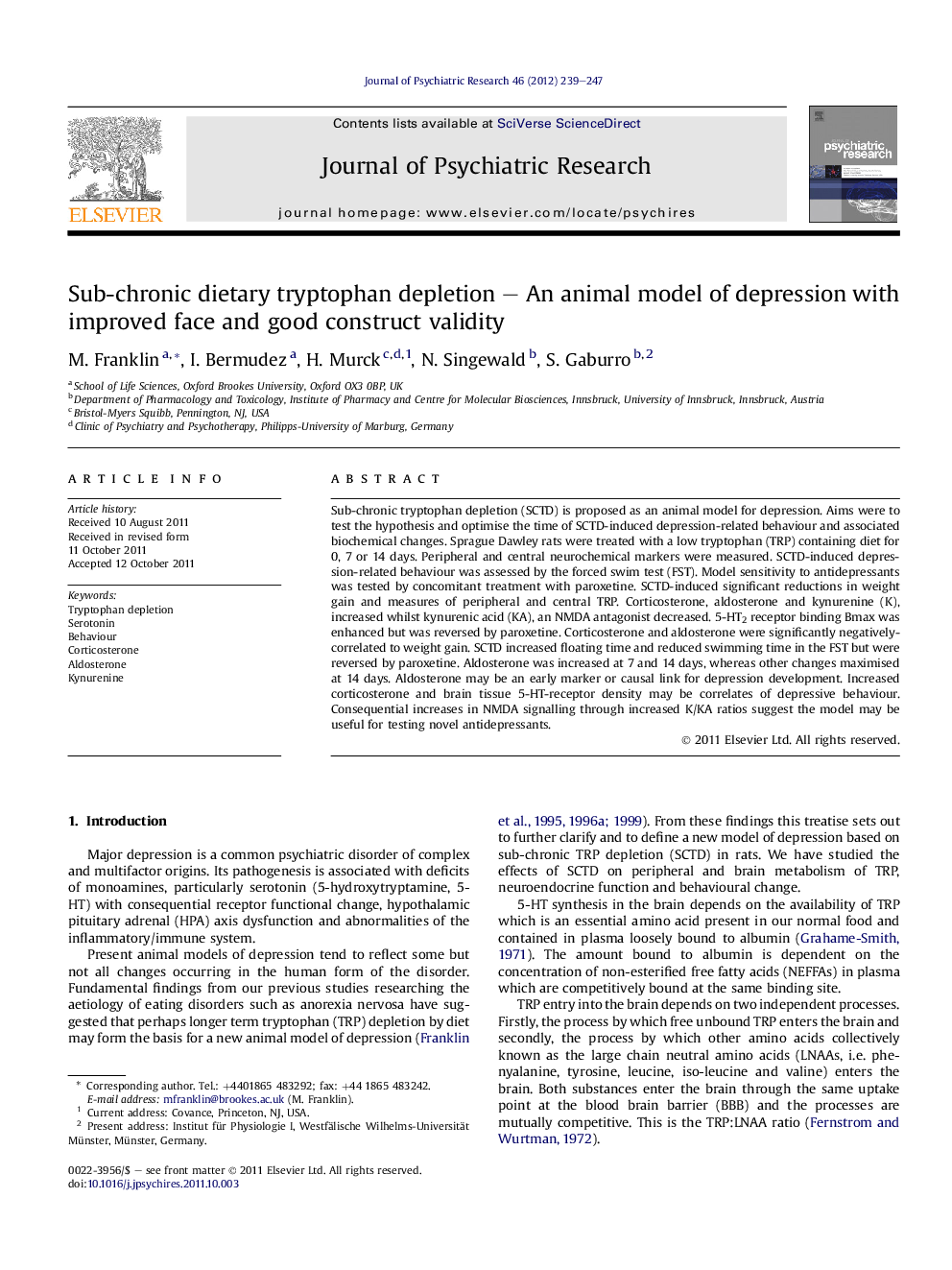 Sub-chronic dietary tryptophan depletion – An animal model of depression with improved face and good construct validity