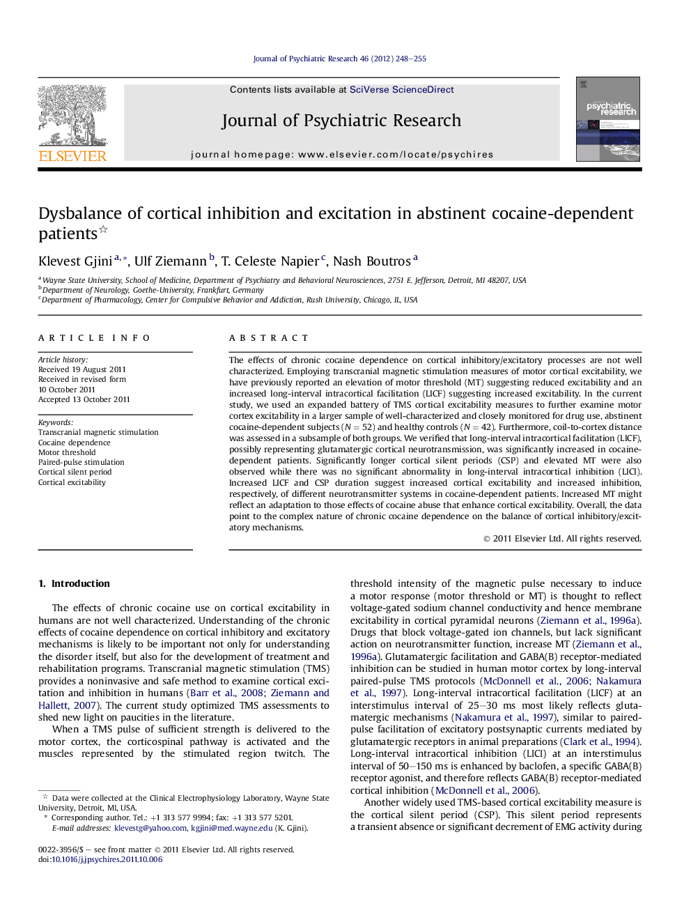 Dysbalance of cortical inhibition and excitation in abstinent cocaine-dependent patients 