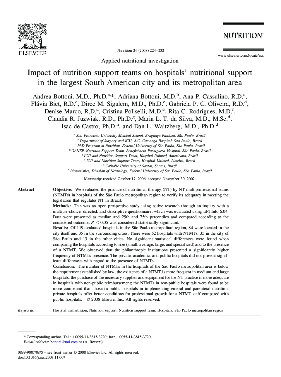 Impact of nutrition support teams on hospitals’ nutritional support in the largest South American city and its metropolitan area