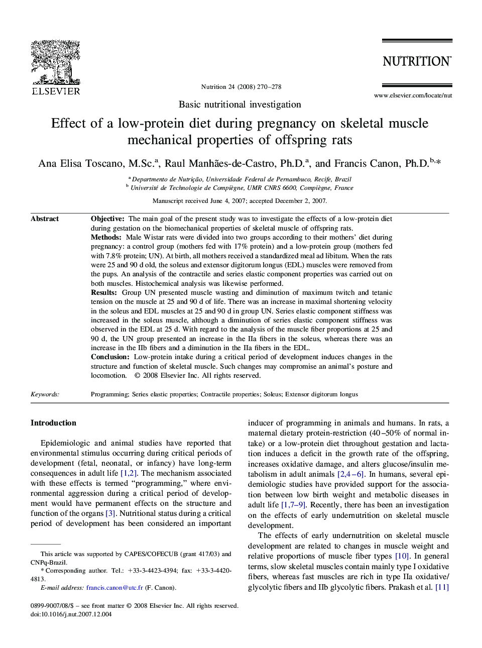 Effect of a low-protein diet during pregnancy on skeletal muscle mechanical properties of offspring rats 