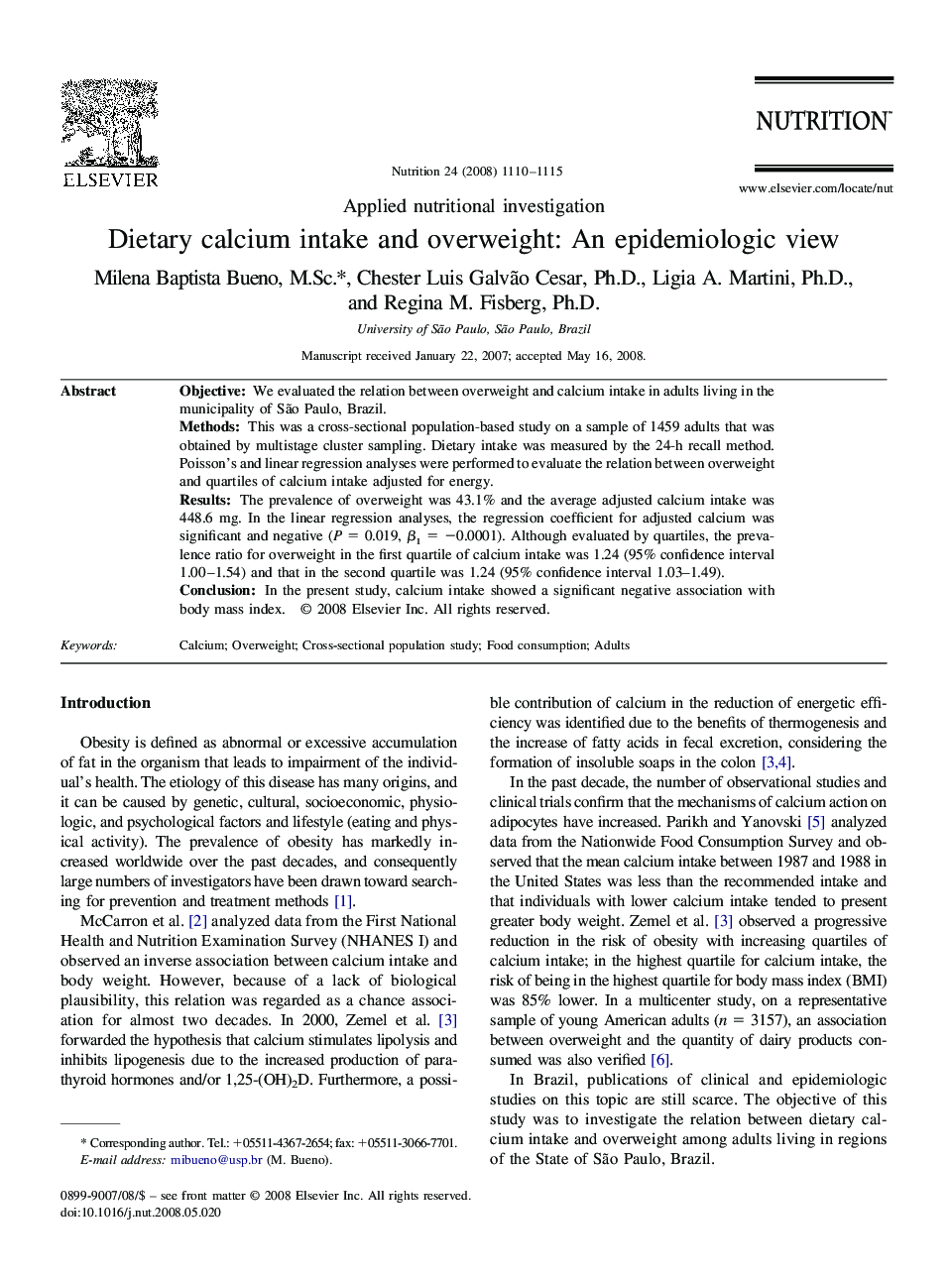 Dietary calcium intake and overweight: An epidemiologic view