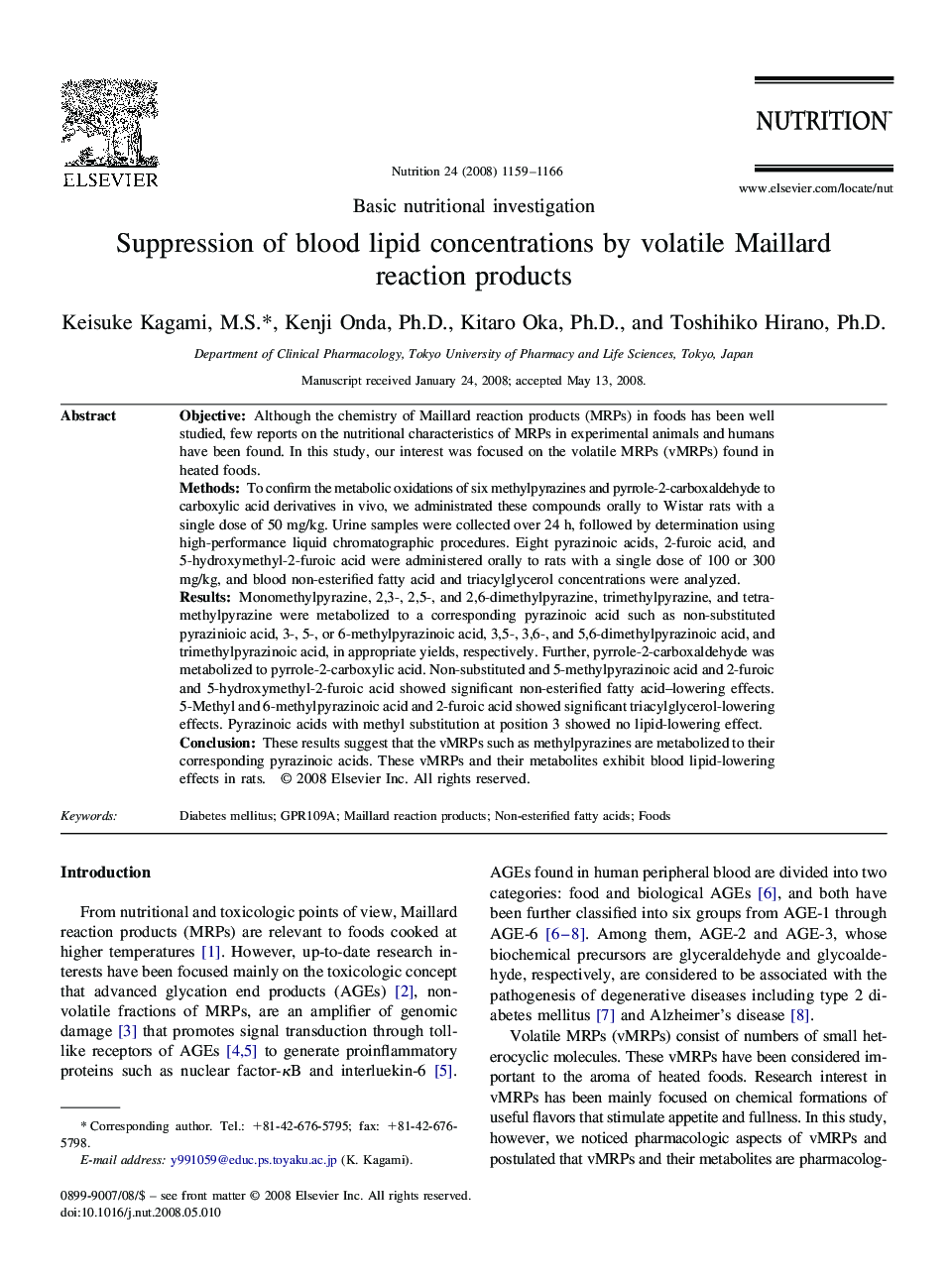 Suppression of blood lipid concentrations by volatile Maillard reaction products
