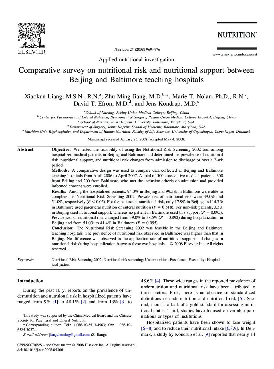 Comparative survey on nutritional risk and nutritional support between Beijing and Baltimore teaching hospitals 