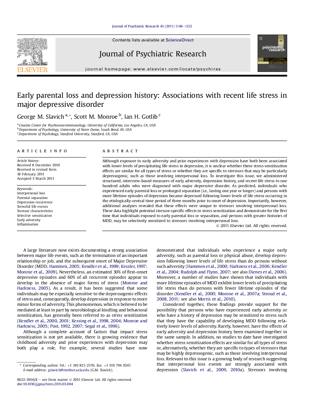 Early parental loss and depression history: Associations with recent life stress in major depressive disorder