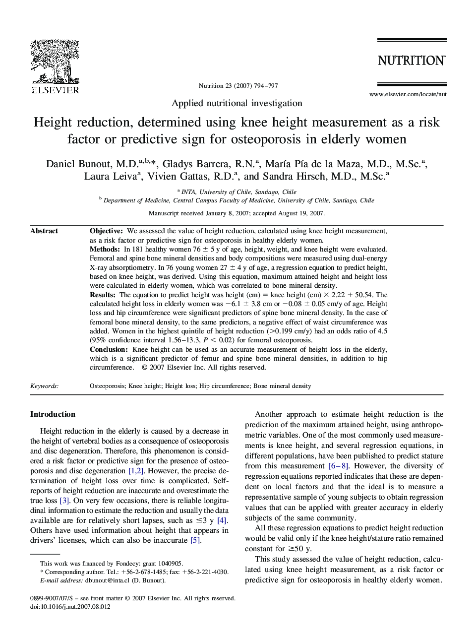 Height reduction, determined using knee height measurement as a risk factor or predictive sign for osteoporosis in elderly women 