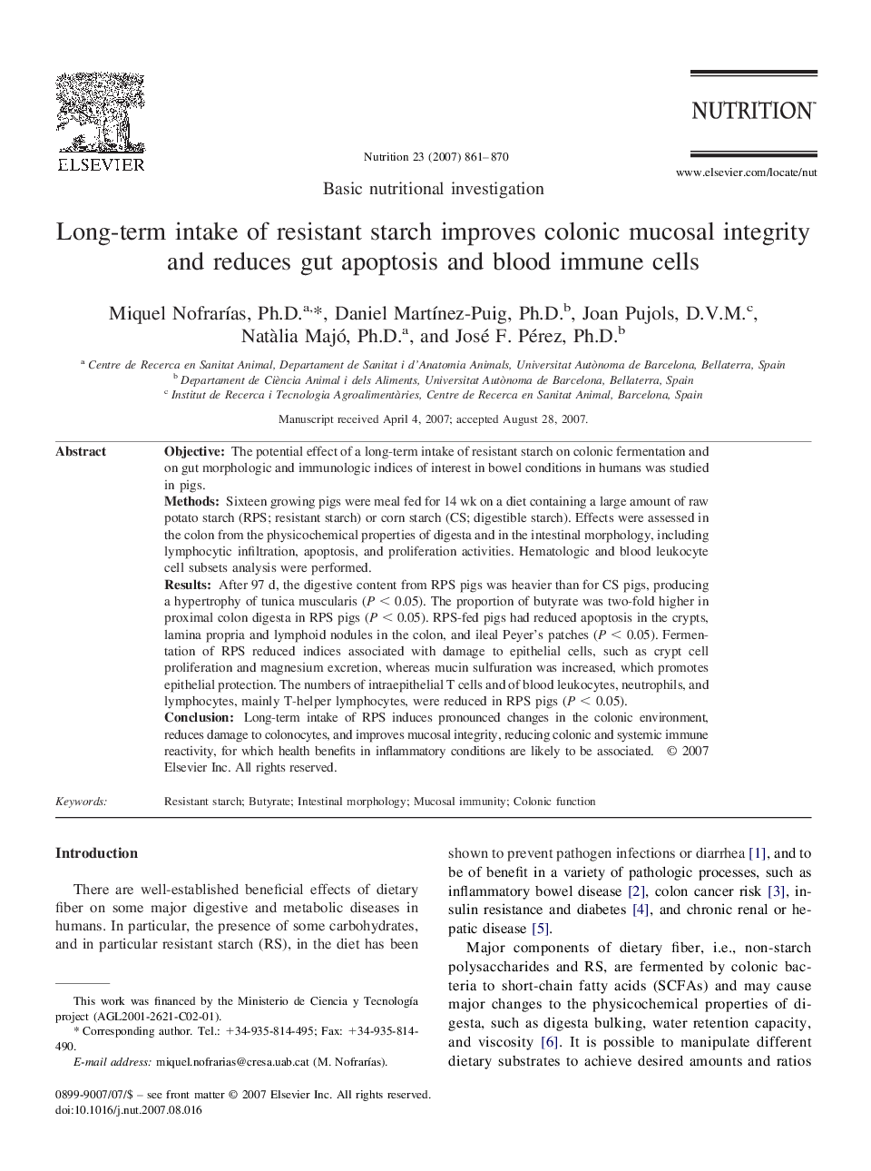 Long-term intake of resistant starch improves colonic mucosal integrity and reduces gut apoptosis and blood immune cells 