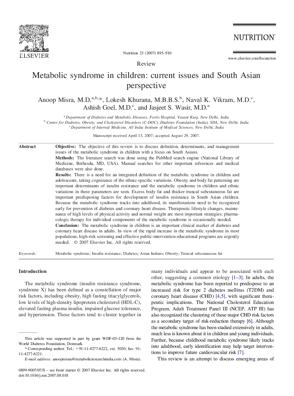 Metabolic syndrome in children: current issues and South Asian perspective 