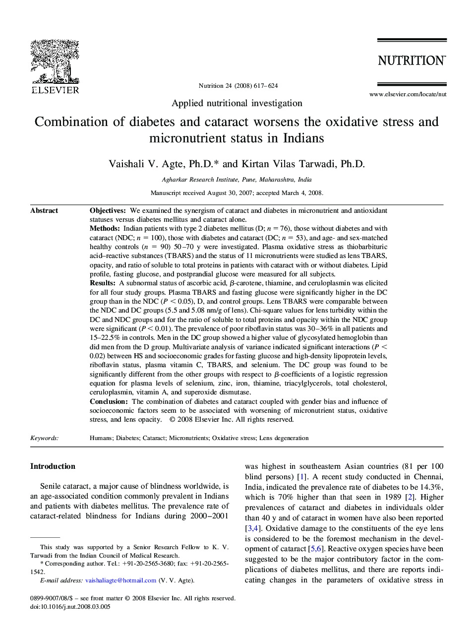 Combination of diabetes and cataract worsens the oxidative stress and micronutrient status in Indians 