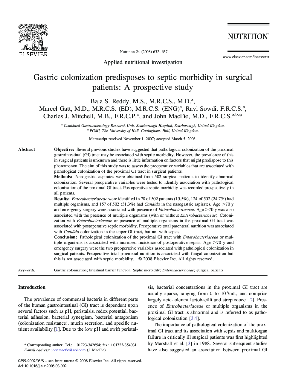Gastric colonization predisposes to septic morbidity in surgical patients: A prospective study