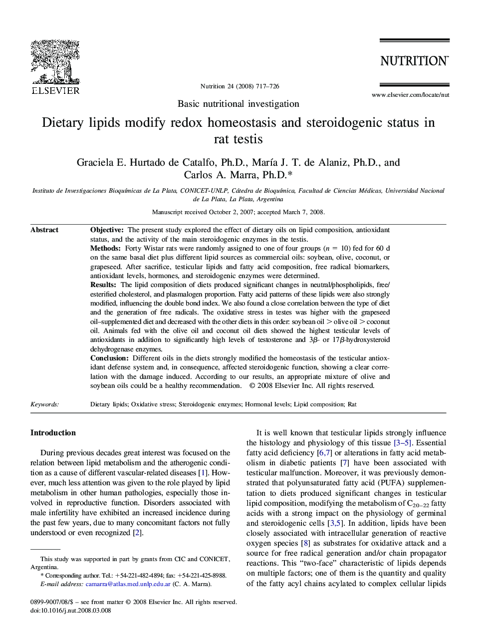 Dietary lipids modify redox homeostasis and steroidogenic status in rat testis 