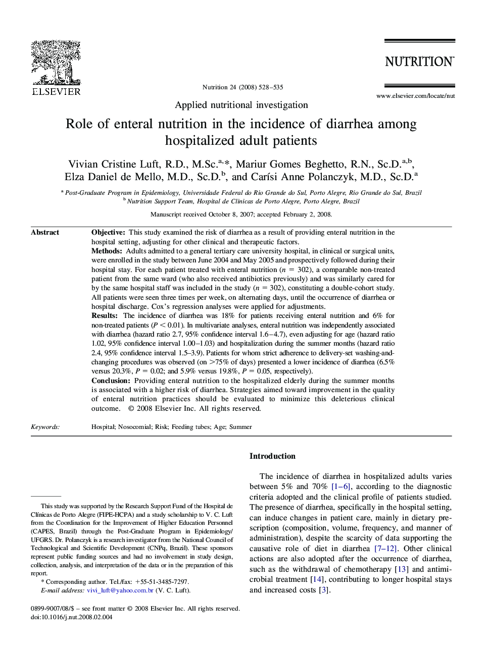 Role of enteral nutrition in the incidence of diarrhea among hospitalized adult patients 