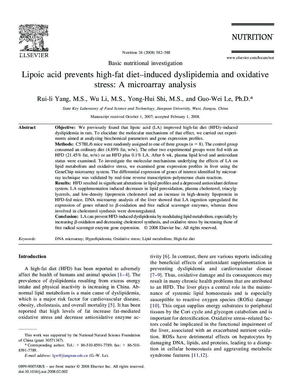 Lipoic acid prevents high-fat diet–induced dyslipidemia and oxidative stress: A microarray analysis 