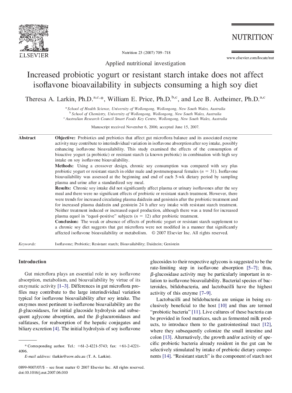 Increased probiotic yogurt or resistant starch intake does not affect isoflavone bioavailability in subjects consuming a high soy diet