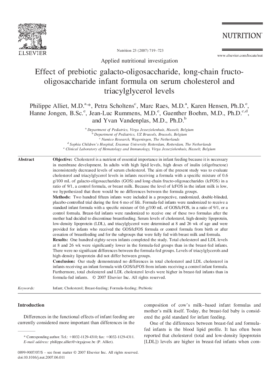 Effect of prebiotic galacto-oligosaccharide, long-chain fructo-oligosaccharide infant formula on serum cholesterol and triacylglycerol levels