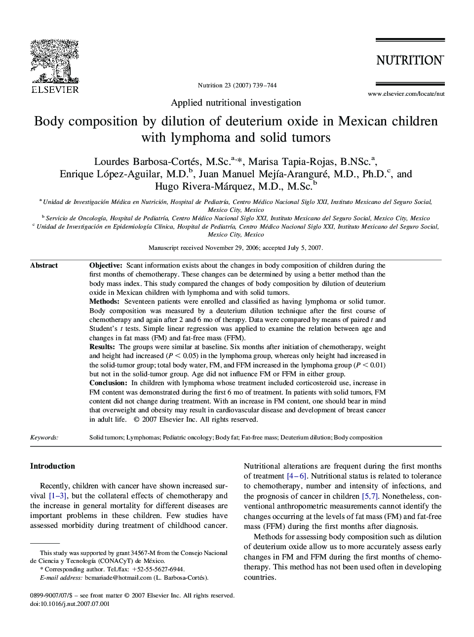 Body composition by dilution of deuterium oxide in Mexican children with lymphoma and solid tumors