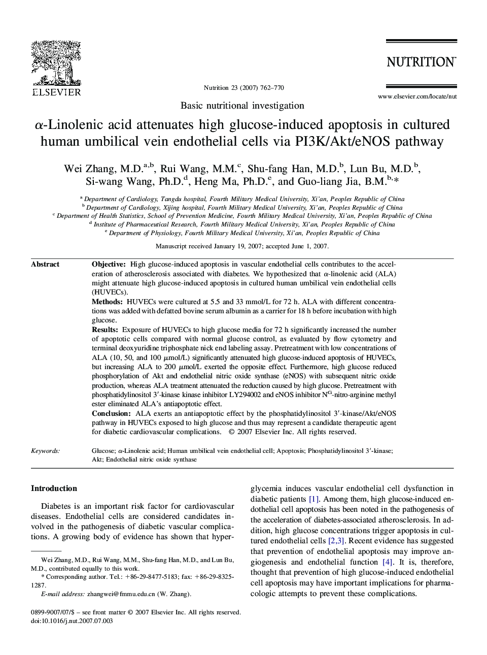 α-Linolenic acid attenuates high glucose-induced apoptosis in cultured human umbilical vein endothelial cells via PI3K/Akt/eNOS pathway 