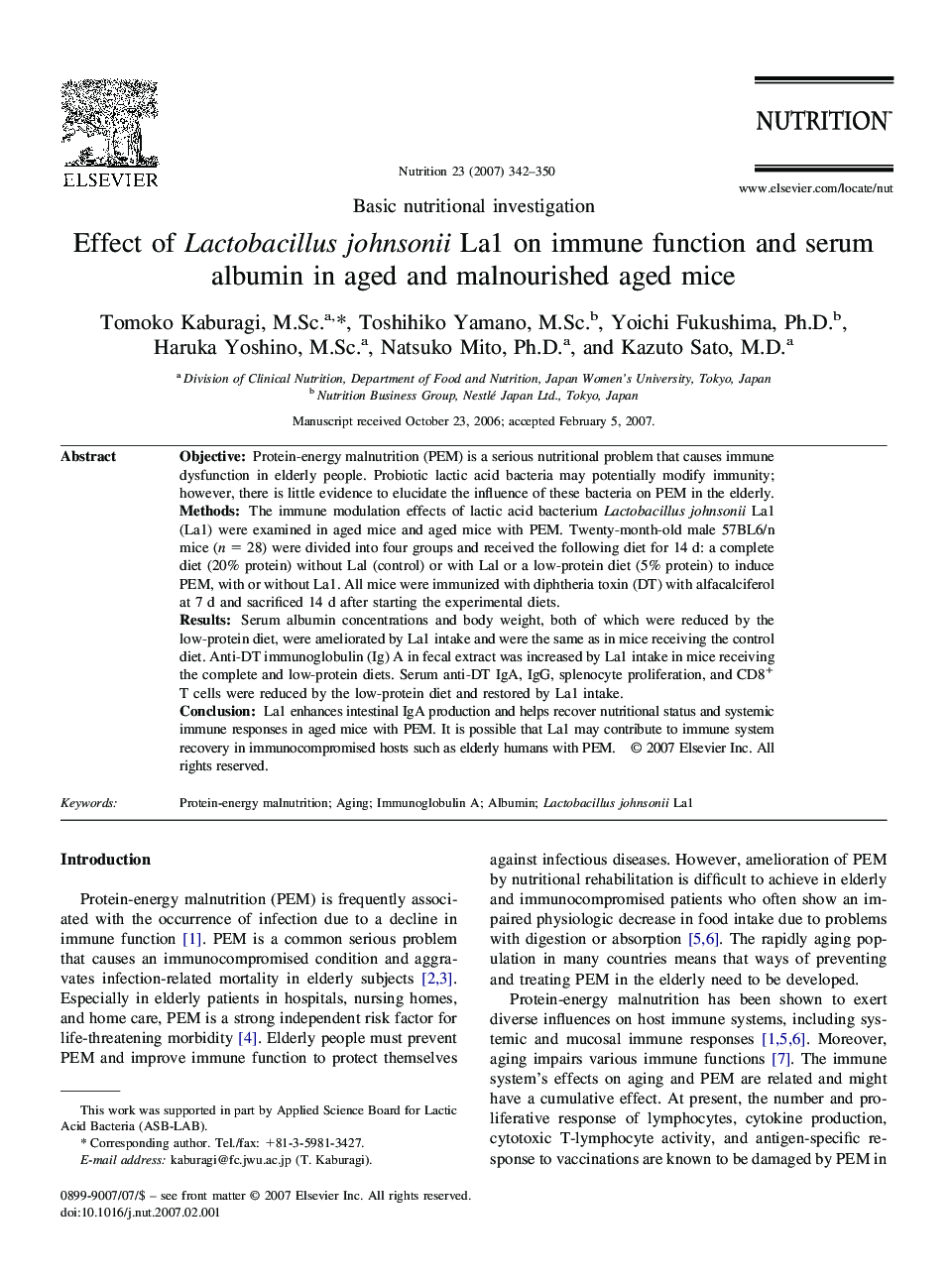 Effect of Lactobacillus johnsonii La1 on immune function and serum albumin in aged and malnourished aged mice 