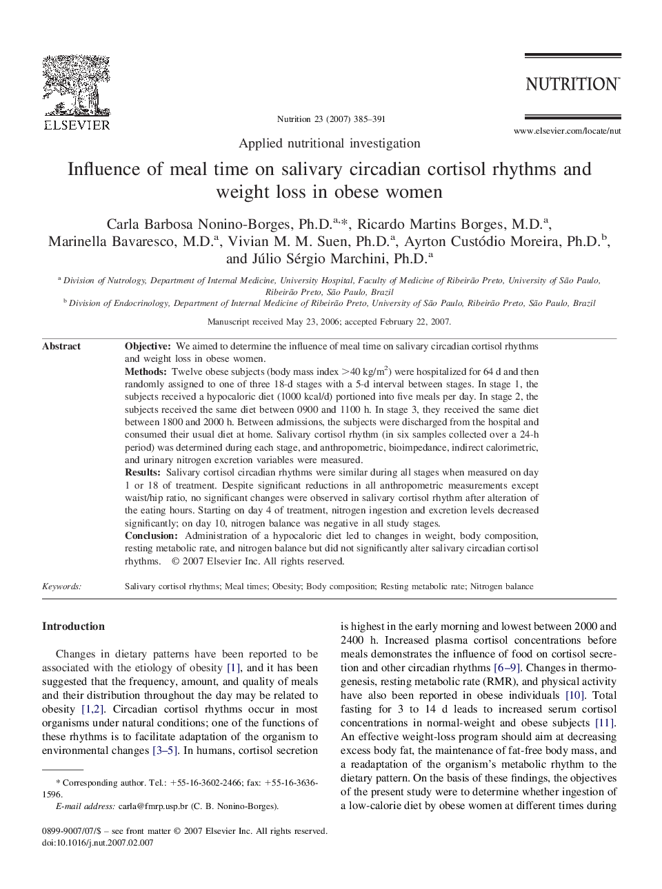 Influence of meal time on salivary circadian cortisol rhythms and weight loss in obese women