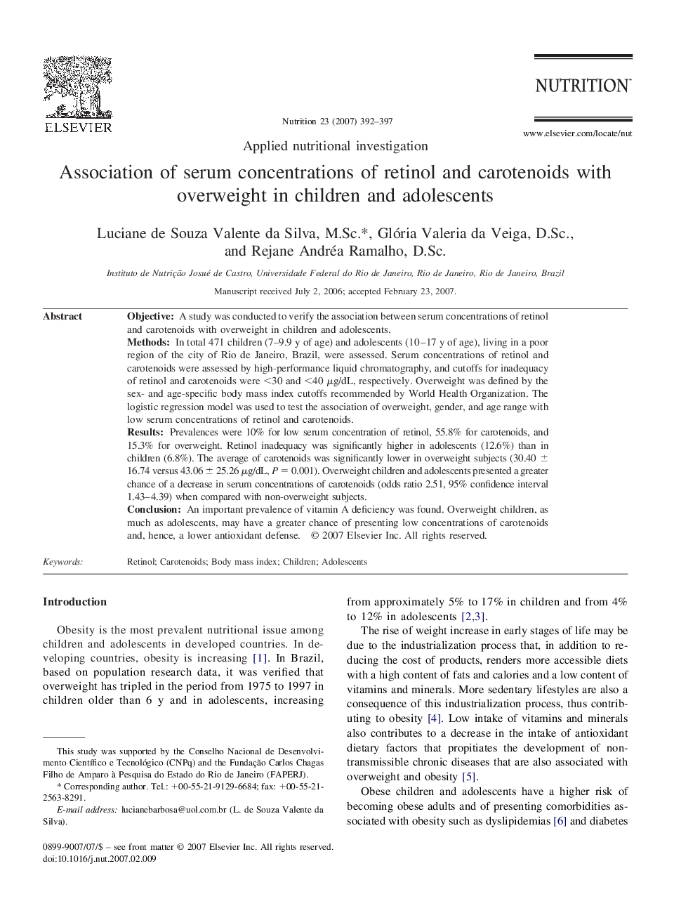 Association of serum concentrations of retinol and carotenoids with overweight in children and adolescents 