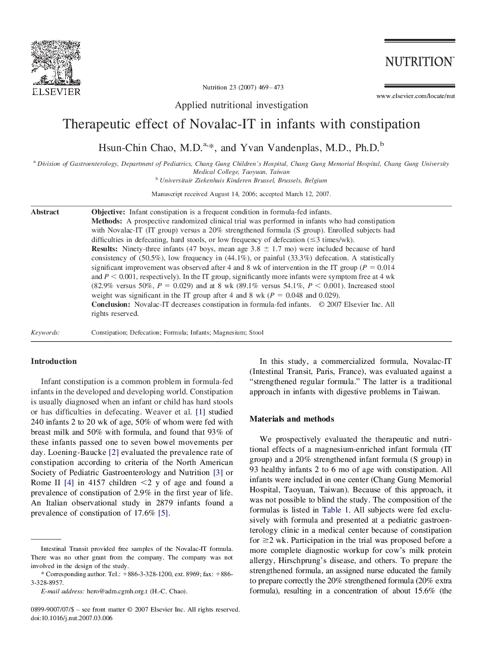عکس صفحه اول مقاله: Therapeutic effect of Novalac-IT in infants with constipation Therapeutic effect of Novalac-IT in infants with constipation