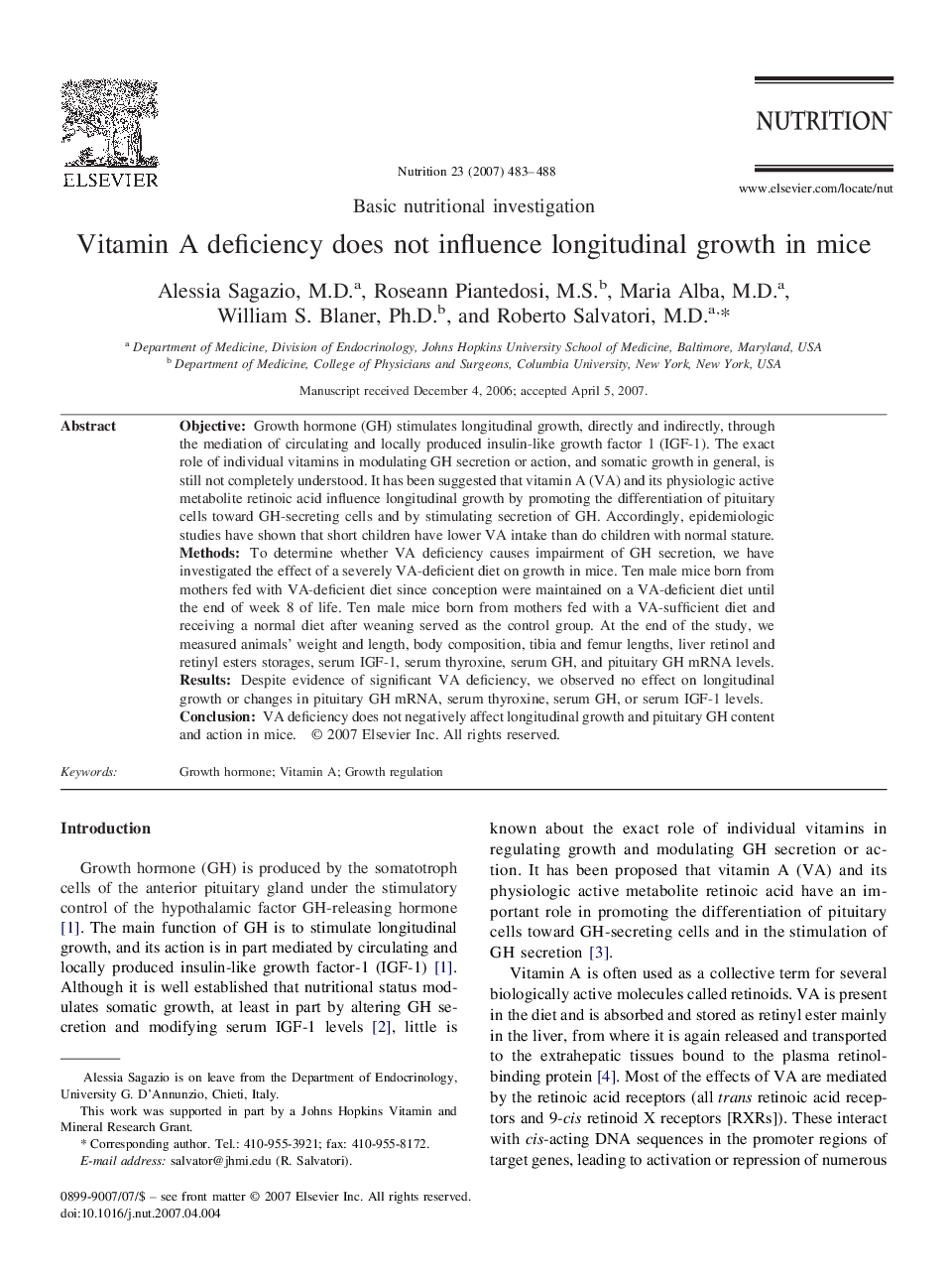عکس صفحه اول مقاله: Vitamin A deficiency does not influence longitudinal growth in mice Vitamin A deficiency does not influence longitudinal growth in mice