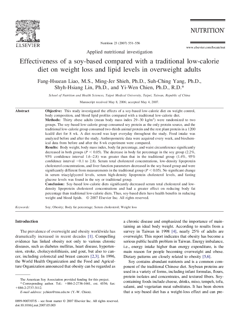 Effectiveness of a soy-based compared with a traditional low-calorie diet on weight loss and lipid levels in overweight adults 